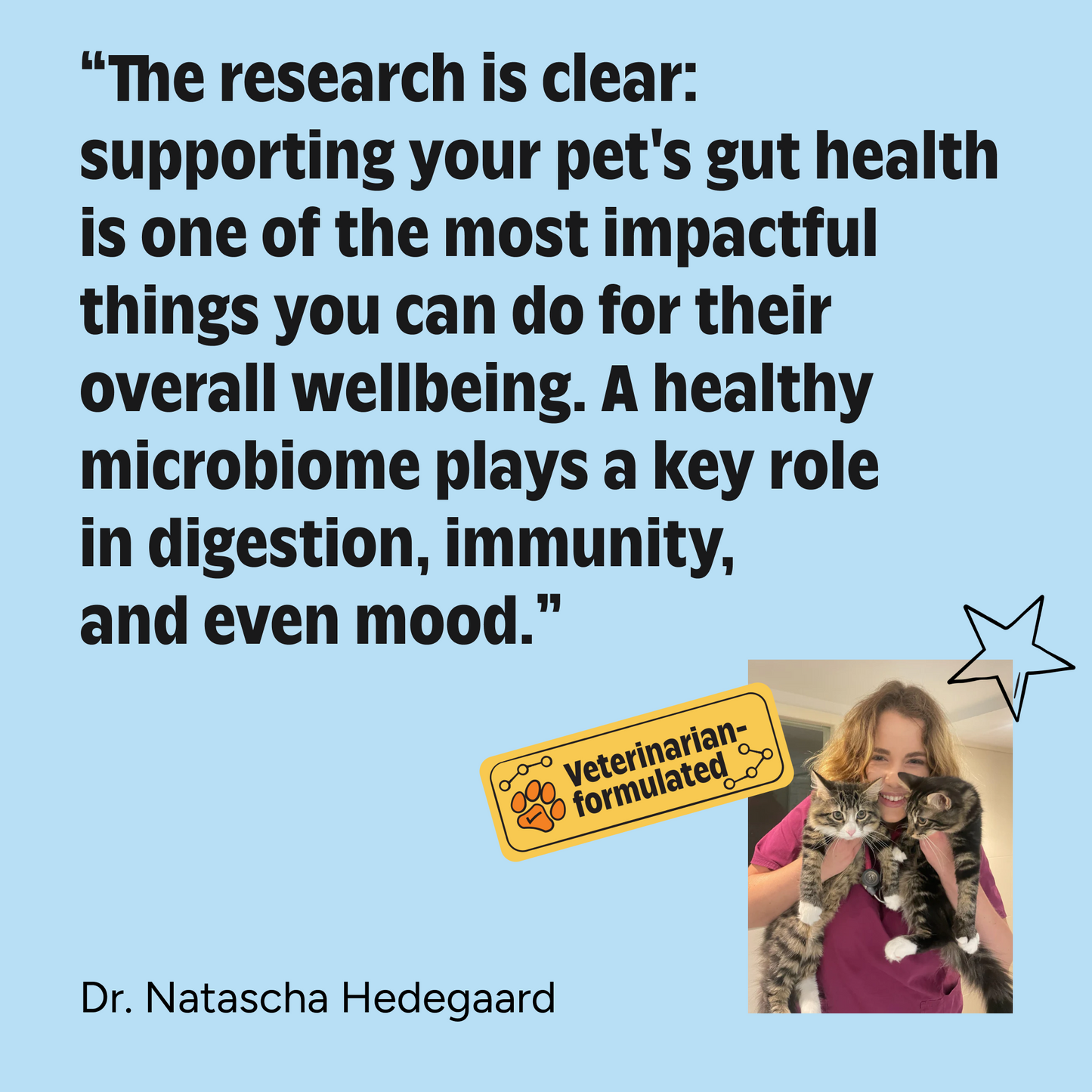 Quote about pet gut health with a person holding a cat and a 'Veterinarian-formulated' product label on a blue background.