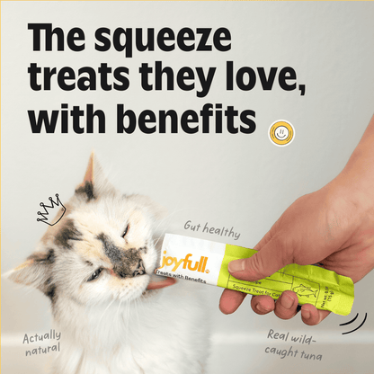 Cat being offered a joyfull treat with text about benefits on a gray background