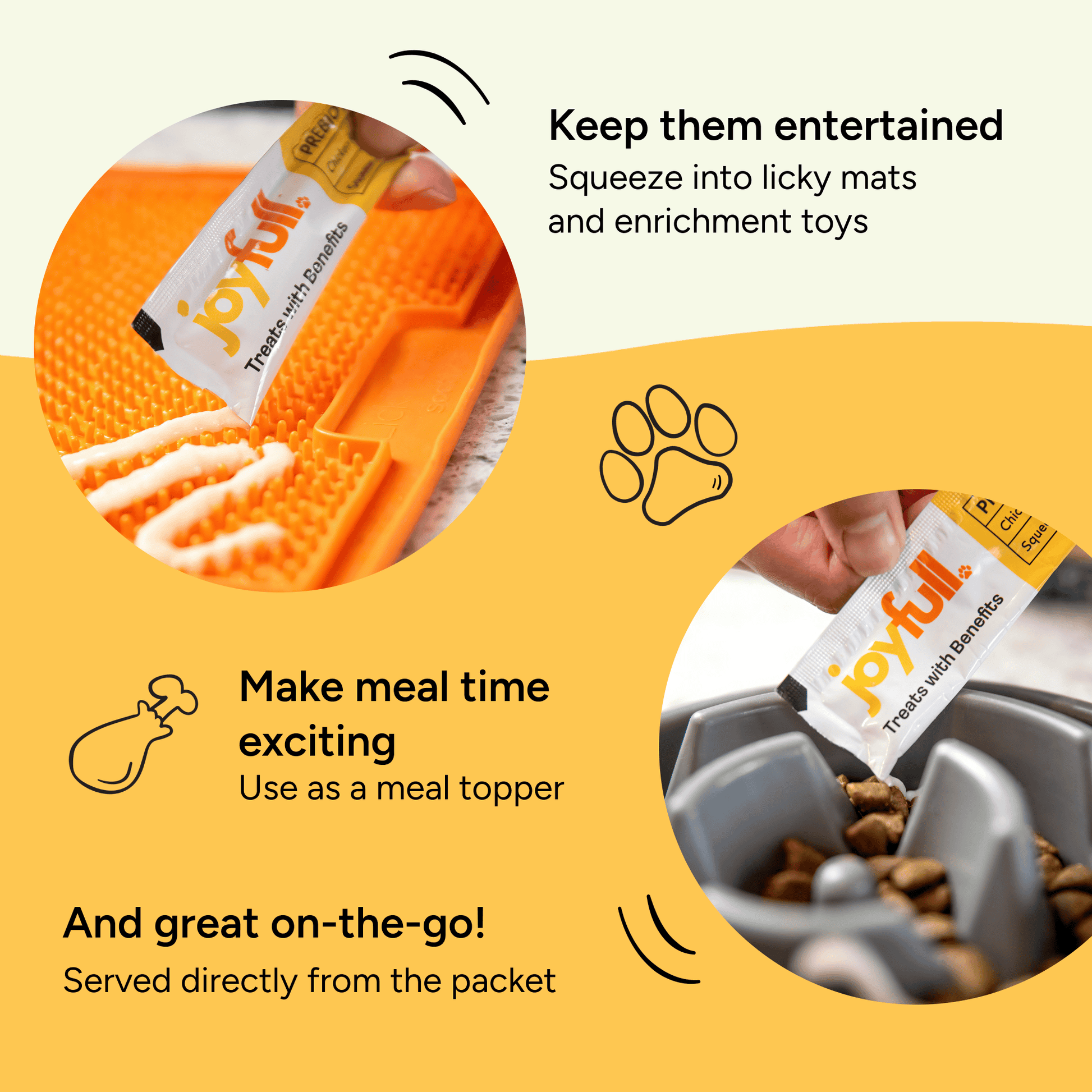 Joyful treat packaging with usage instructions on a yellow background