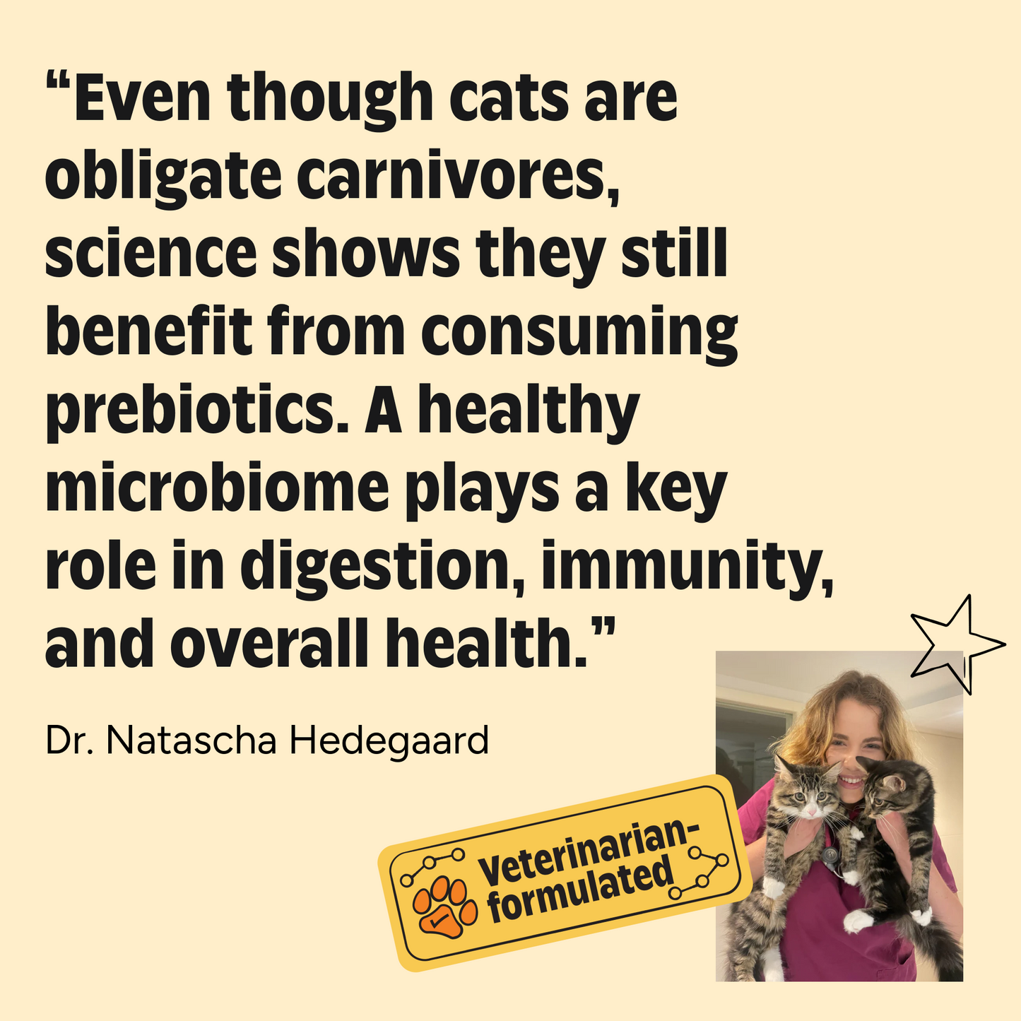 Quote about cats benefitting from prebiotics with a veterinarian and cat on a beige background