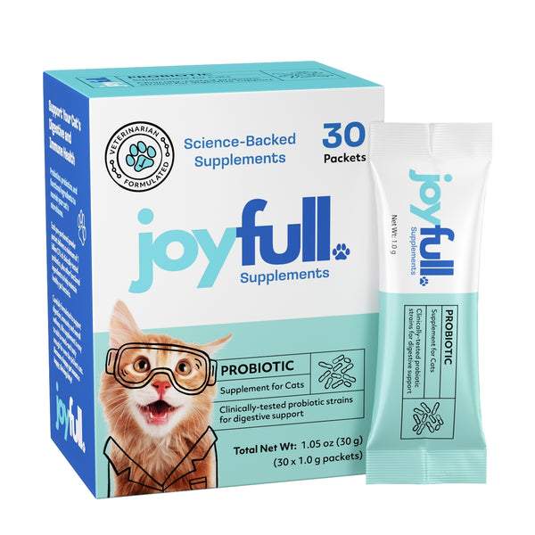 joyfull cat supplements packaging with a cat wearing goggles on a white background