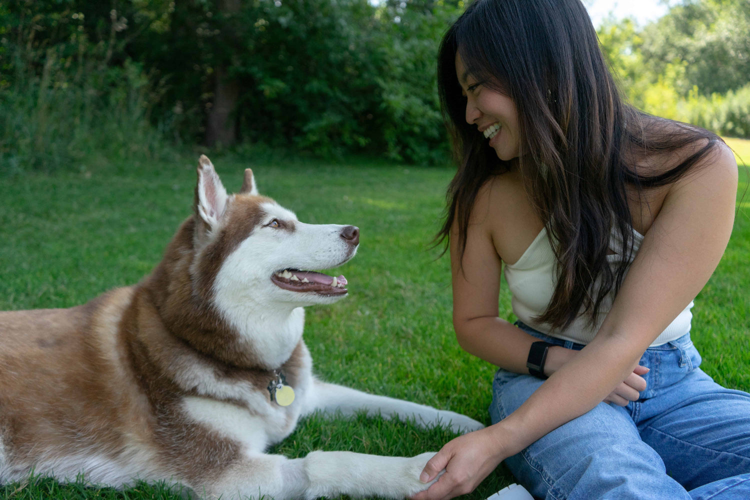 Woman sitting on grass with a husky dog