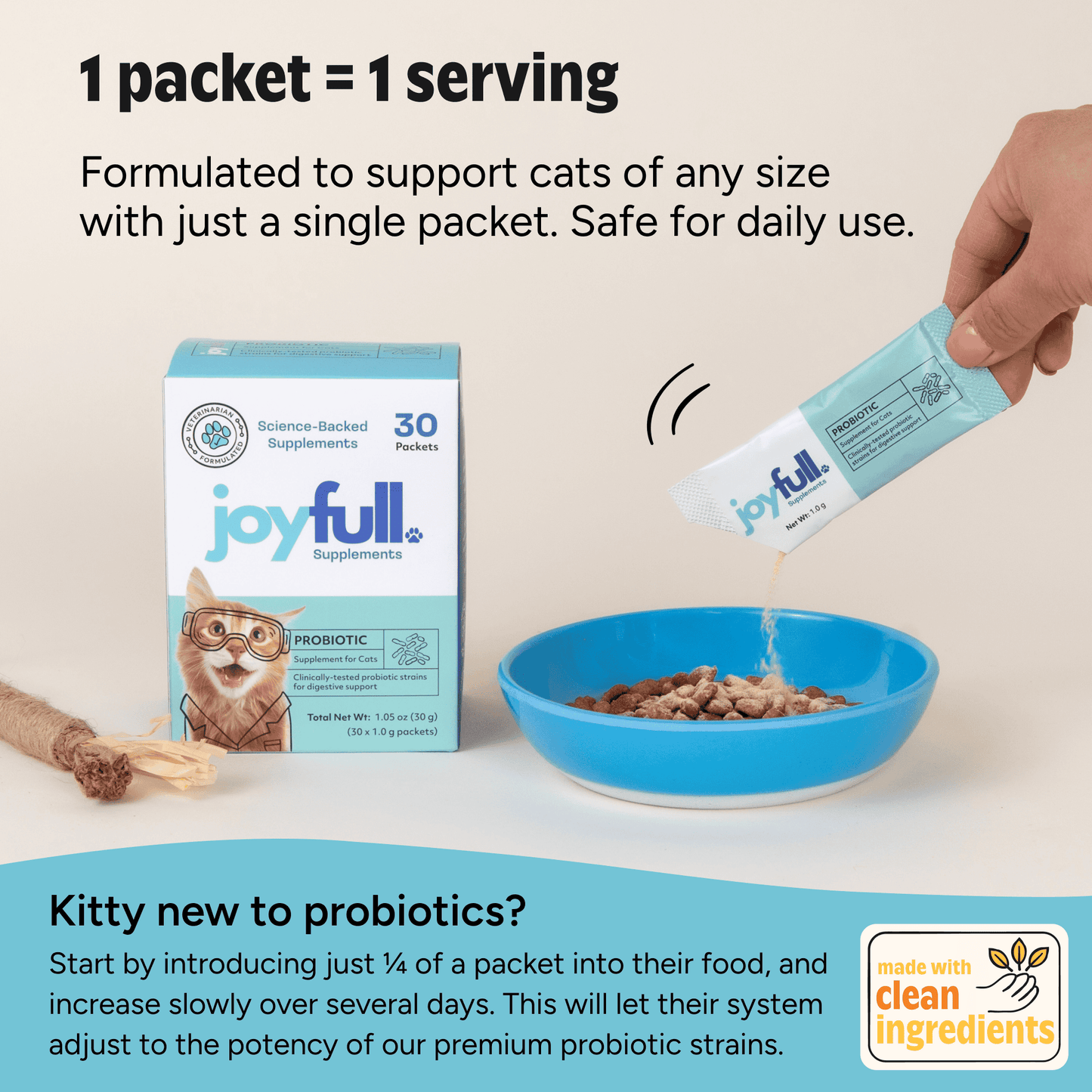 joyfull cat supplement packet being poured into a bowl with text about serving size and safety.