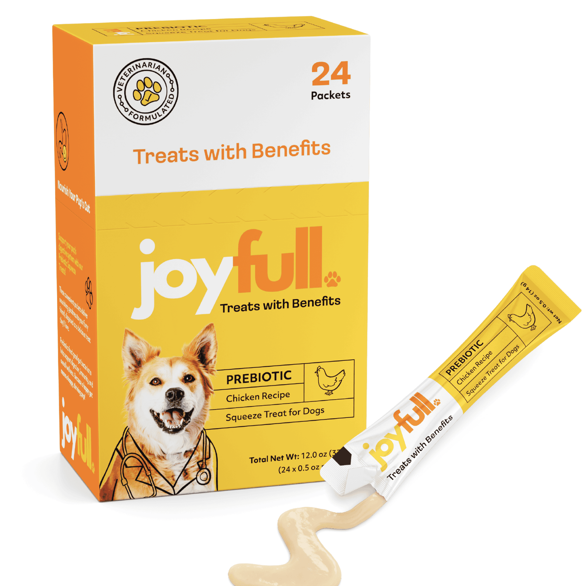 joyfull dog treats packaging with a single treat on a white background