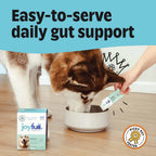 Dog drinking from a bowl with a package of joyfull product, text 'Easy-to-serve daily gut support'.