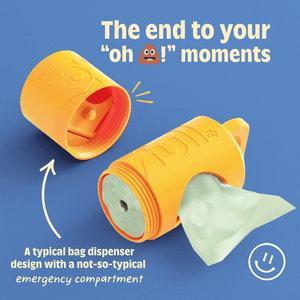 Yellow bag dispenser with emergency compartment on a blue background