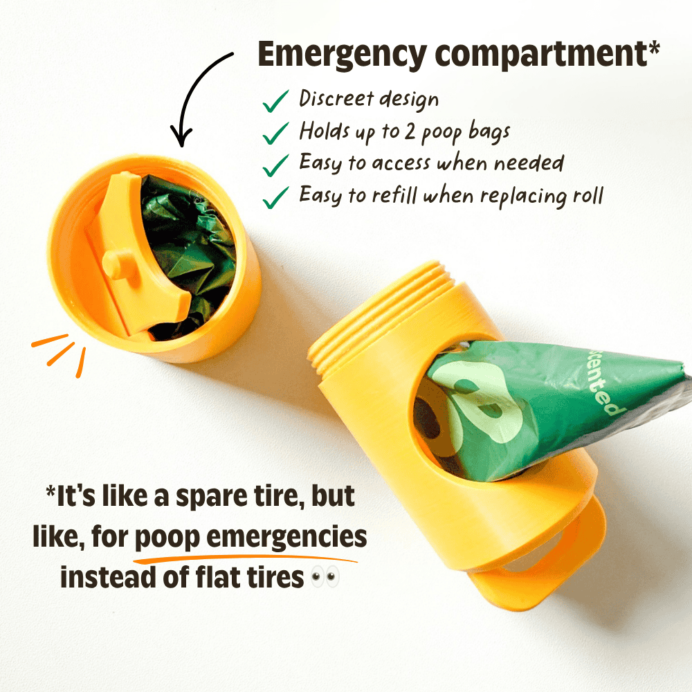 Yellow emergency compartment with green poop bags on a white background, featuring text about its features.