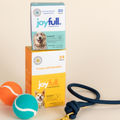 joyfull dog supplement boxes with a ball, toy, and leash on a beige background