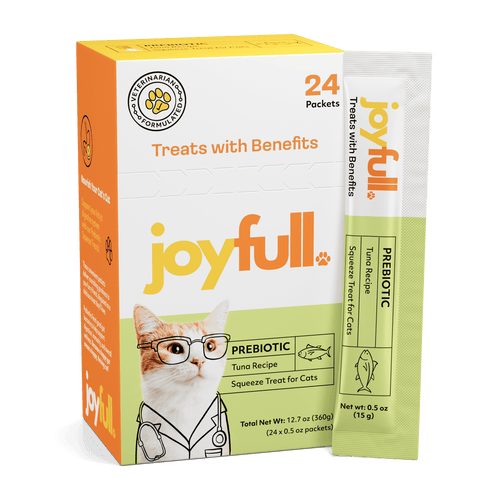 joyfull cat treats packaging with a cat illustration on a green background