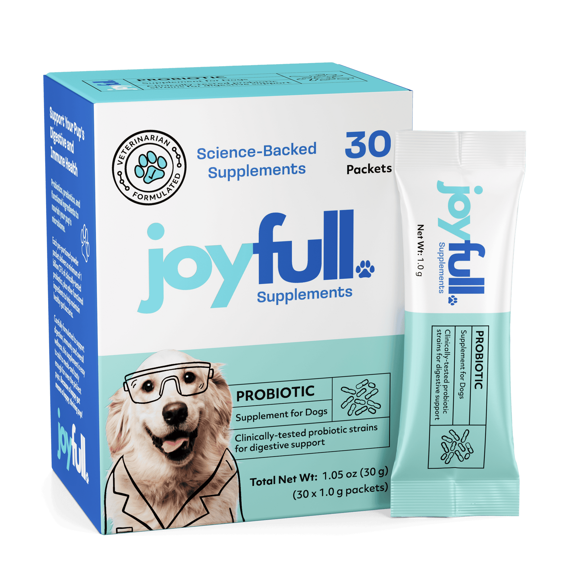 joyfull supplements packaging for dogs with a blue and white design