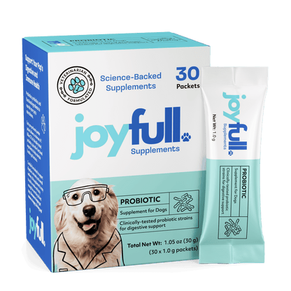 joyfull supplements packaging for dogs with a blue and white design